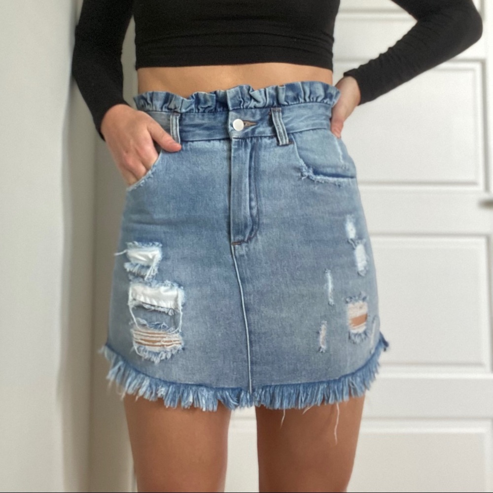 Shirred waist distressed denim meni skirt
